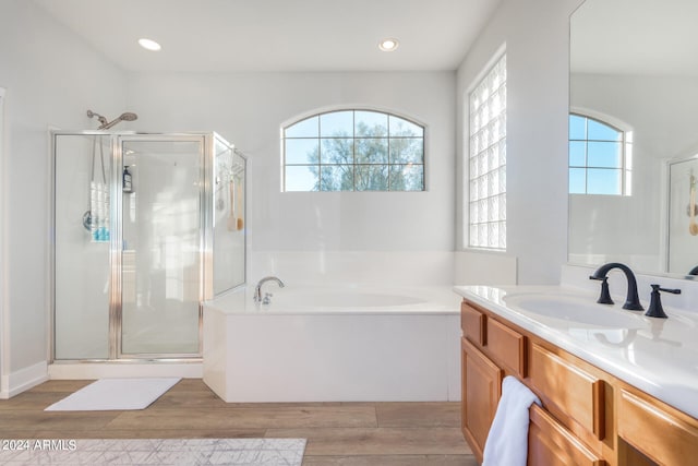 bathroom with vanity, separate shower and tub, and a healthy amount of sunlight