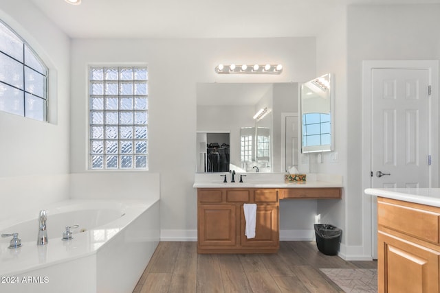 bathroom with vanity, hardwood / wood-style floors, and a bath