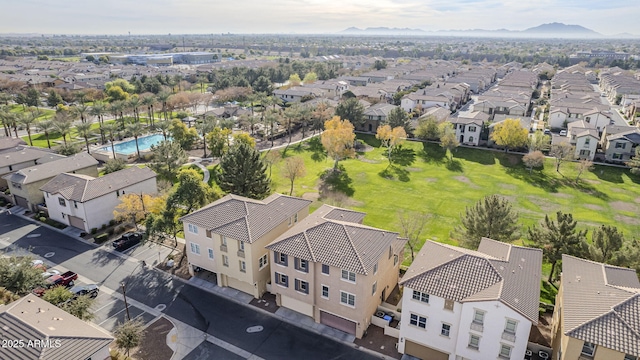 drone / aerial view featuring a mountain view