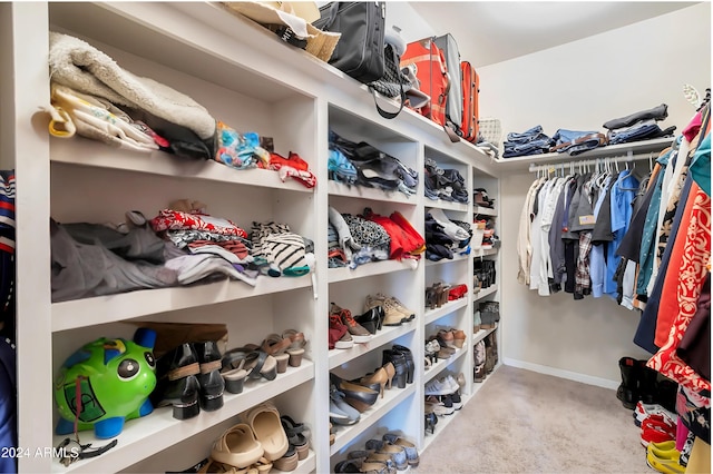 walk in closet with carpet flooring