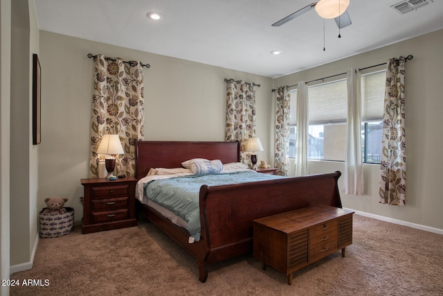 carpeted bedroom featuring ceiling fan