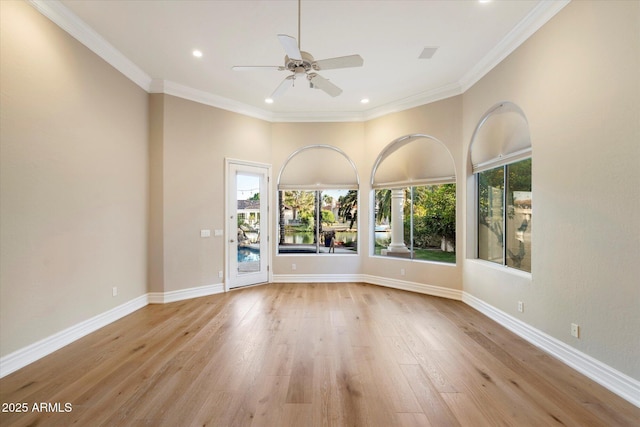1507 E Treasure Cove Dr, Gilbert, AZ 85234 - unfurnished room with ornamental molding, wood finished floors, baseboards, ceiling fan, and recessed lighting
