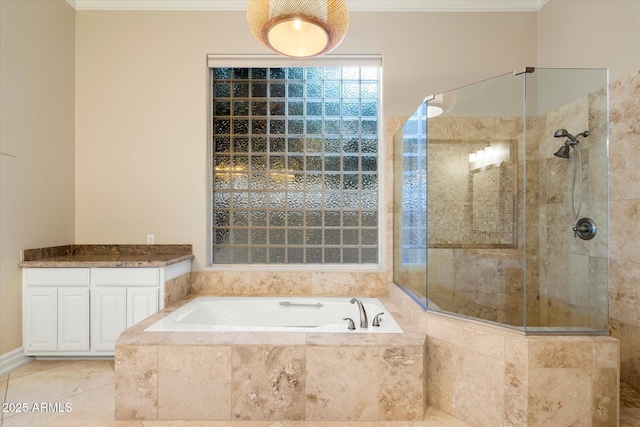 1507 E Treasure Cove Dr, Gilbert, AZ 85234 - full bath featuring a garden tub, ornamental molding, and a tile shower