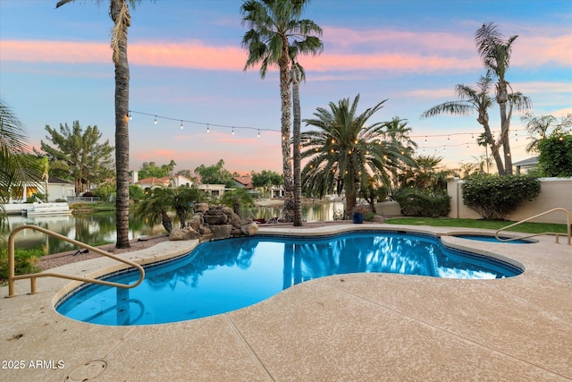 1507 E Treasure Cove Dr, Gilbert, AZ 85234 - pool featuring a water view, fence, an in ground hot tub, and a patio area