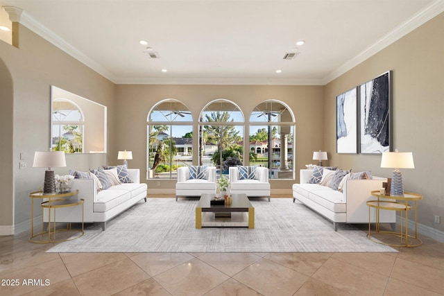 1507 E Treasure Cove Dr, Gilbert, AZ 85234 - tiled living room featuring plenty of natural light, ornamental molding, recessed lighting, and visible vents