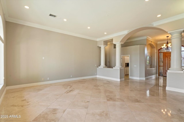 1507 E Treasure Cove Dr, Gilbert, AZ 85234 - spare room with arched walkways, recessed lighting, ornamental molding, and visible vents