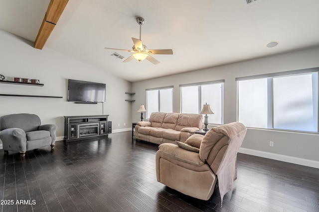 living room with lofted ceiling with beams, dark hardwood / wood-style floors, and ceiling fan