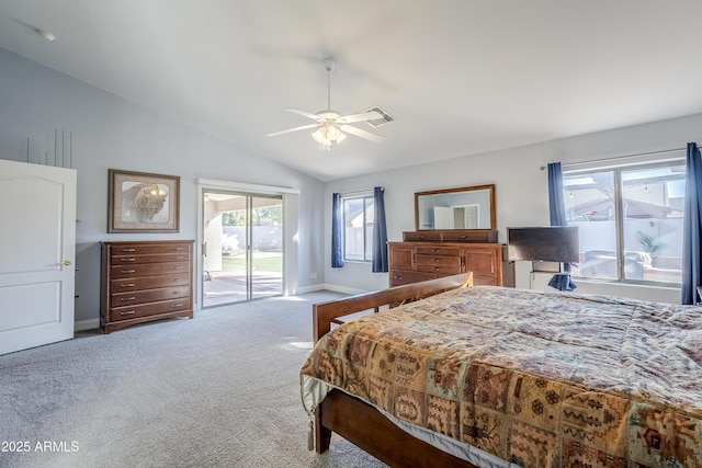 bedroom featuring ceiling fan, vaulted ceiling, carpet, and access to outside