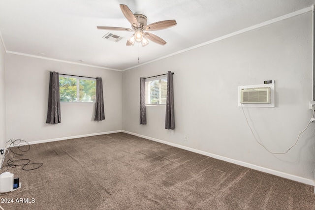 carpeted empty room with ceiling fan, a wall mounted air conditioner, and ornamental molding