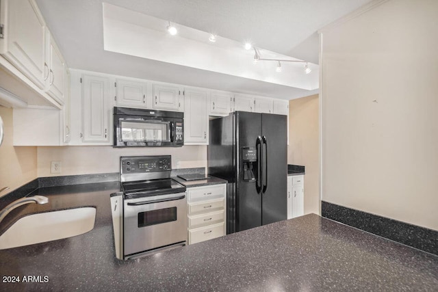 kitchen with sink, black appliances, and white cabinets