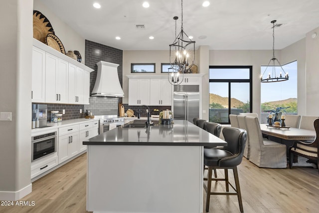 kitchen featuring sink, white cabinets, an island with sink, premium range hood, and appliances with stainless steel finishes