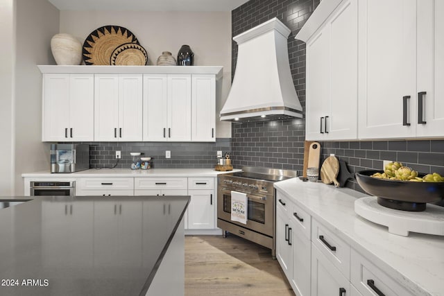 kitchen with custom exhaust hood, stainless steel appliances, light stone countertops, white cabinets, and tasteful backsplash