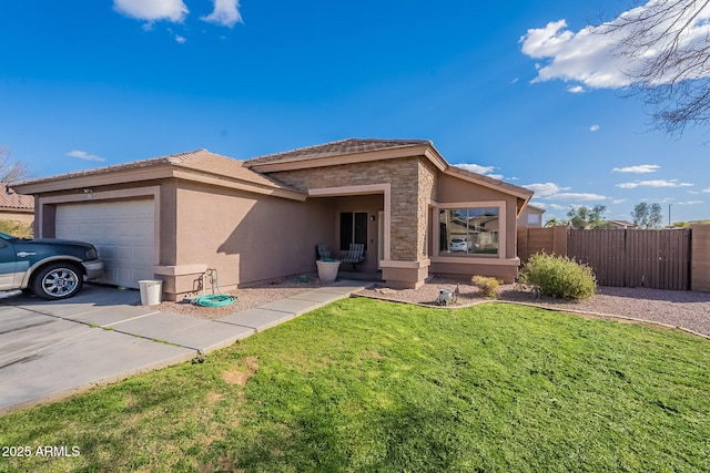 view of front of home featuring stucco siding, a front yard, fence, a garage, and stone siding