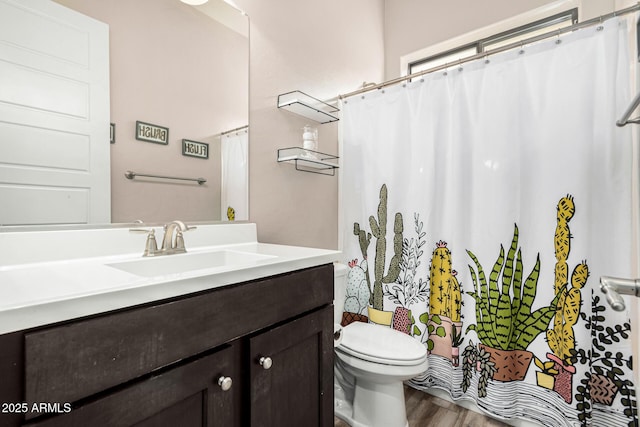 2065 N Red Clf, Mesa, AZ 85207 - full bath with vanity, toilet, wood finished floors, and a shower with curtain