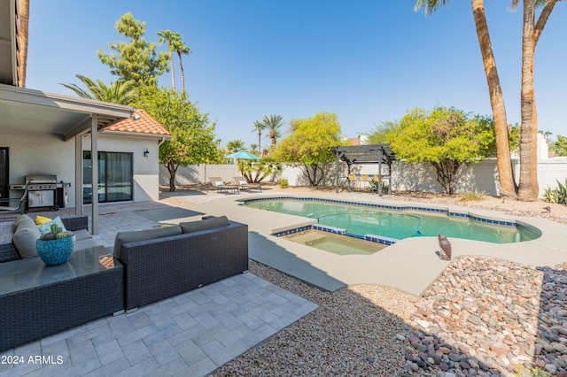 view of pool featuring an in ground hot tub, a pergola, a patio area, a grill, and an outdoor living space