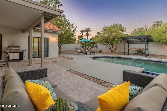 pool at dusk with a patio, a pergola, and outdoor lounge area