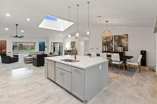 kitchen featuring dishwasher, a kitchen island with sink, vaulted ceiling with skylight, sink, and decorative light fixtures