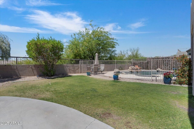 view of yard featuring a fenced backyard, a fenced in pool, and a patio