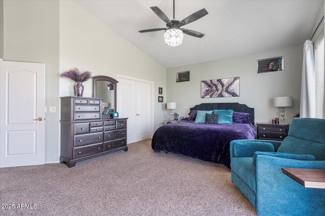 carpeted bedroom featuring ceiling fan and high vaulted ceiling