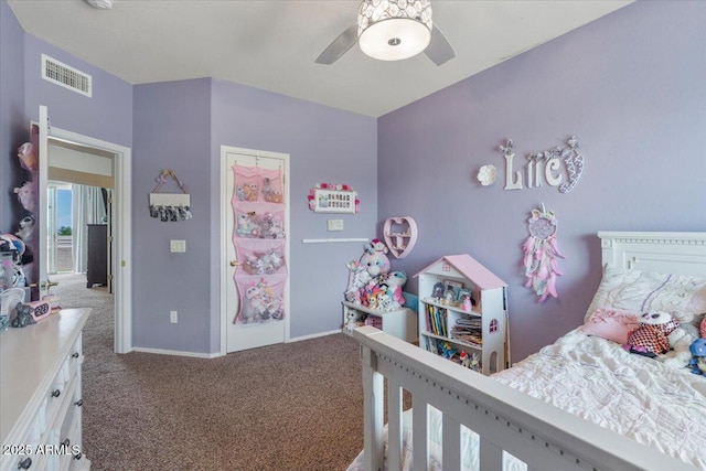 bedroom featuring baseboards, carpet, a ceiling fan, and visible vents