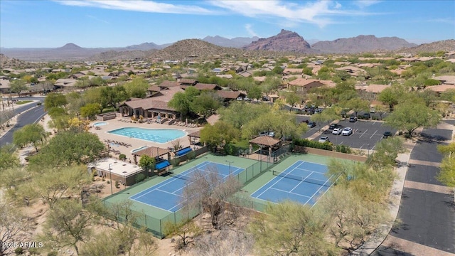 aerial view featuring a mountain view and a residential view