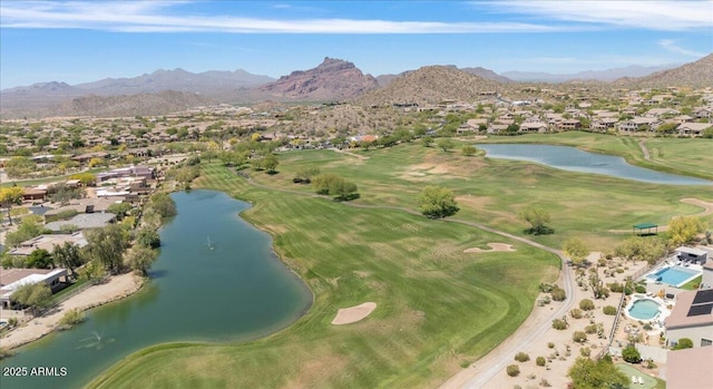 bird's eye view featuring a water and mountain view, golf course view, and a residential view