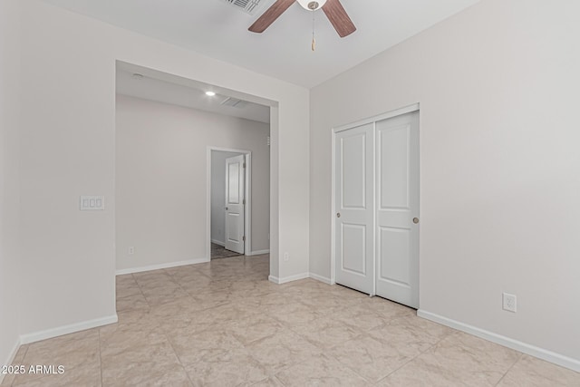 17376 W Via De Luna Dr, Surprise, AZ 85387 - unfurnished bedroom with a ceiling fan, baseboards, visible vents, and a closet