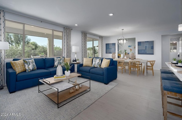 living room featuring an inviting chandelier