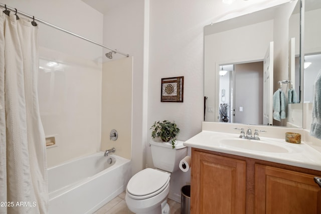 full bathroom featuring shower / tub combo with curtain, vanity, toilet, and tile patterned flooring