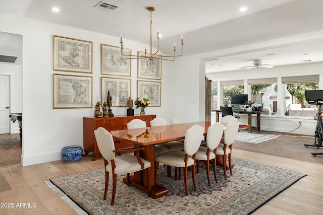 5112 N 41st St, Phoenix, AZ 85018 - dining room featuring wood finished floors, recessed lighting, baseboards, a chandelier, and a ceiling fan