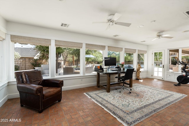 5112 N 41st St, Phoenix, AZ 85018 - home office featuring baseboards, brick floors, a ceiling fan, and recessed lighting