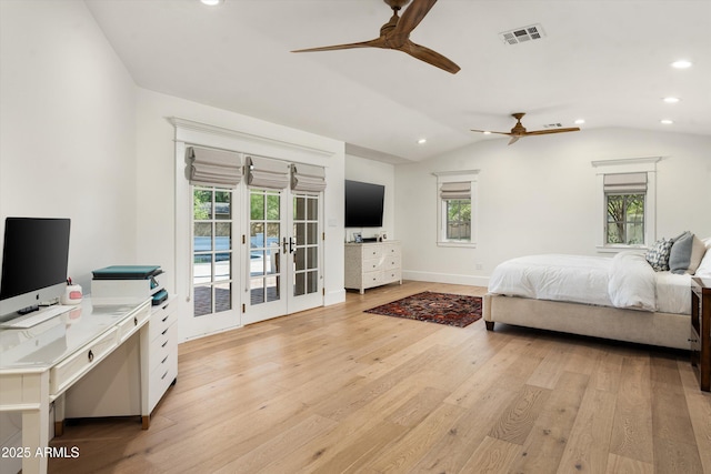 5112 N 41st St, Phoenix, AZ 85018 - bedroom with french doors, access to exterior, light wood-style floors, a desk, and recessed lighting
