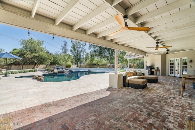 5112 N 41st St, Phoenix, AZ 85018 - view of pool with french doors, a ceiling fan, a fenced backyard, a patio area, and outdoor lounge area