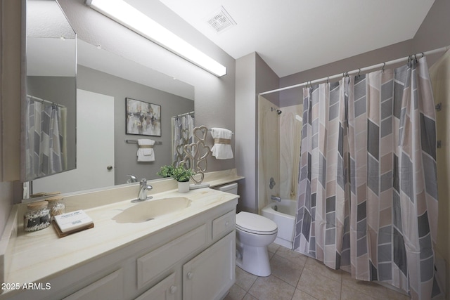 full bathroom with shower / bathtub combination with curtain, vanity, toilet, visible vents, and tile patterned flooring
