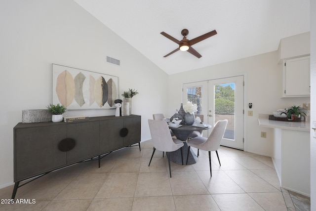 dining space with visible vents, ceiling fan, french doors, and baseboards