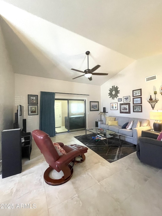 9807 W Mcrae Way, Peoria, AZ 85382 - living area featuring visible vents, lofted ceiling, and ceiling fan