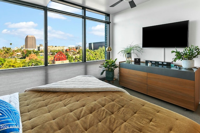 bedroom featuring multiple windows, ceiling fan, and expansive windows