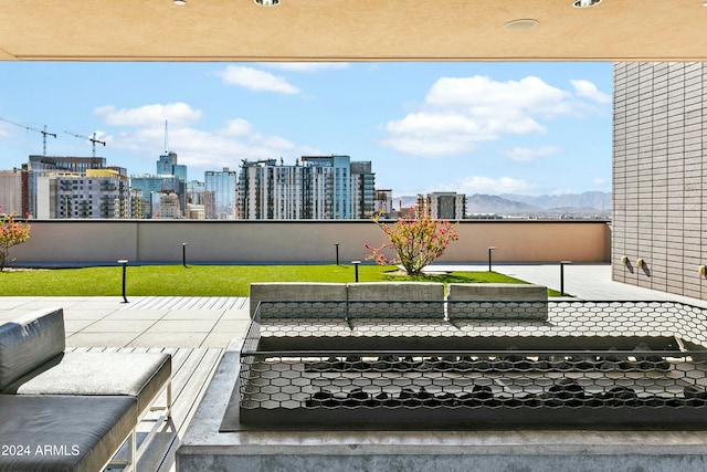 view of patio with a mountain view