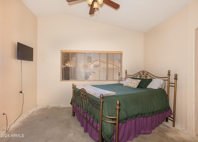 bedroom featuring ceiling fan and lofted ceiling