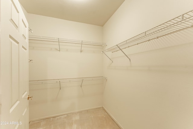 walk in closet with light colored carpet