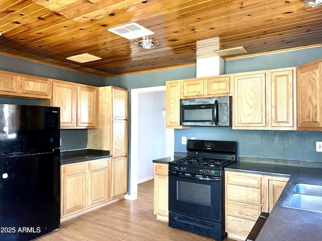 709 W Maple St, Winslow, AZ 86047 - kitchen with black appliances, light brown cabinetry, wood ceiling, dark countertops, and crown molding