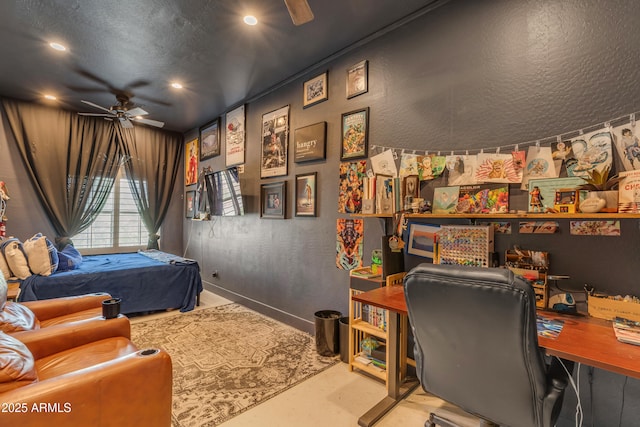 bedroom with ceiling fan, a textured ceiling, finished concrete floors, baseboards, and recessed lighting