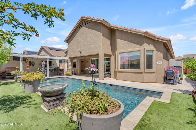 exterior space featuring a fenced in pool, fence, a yard, and a patio area