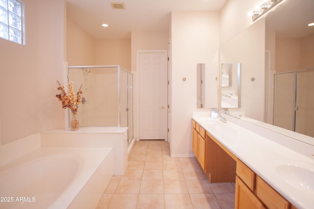 7413 E Russet Sky Dr, Scottsdale, AZ 85266 - full bath featuring a stall shower, a bath, tile patterned floors, double vanity, and recessed lighting