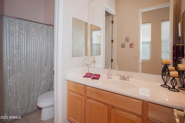 7413 E Russet Sky Dr, Scottsdale, AZ 85266 - bathroom with toilet, vanity, tile patterned floors, and a shower with shower curtain