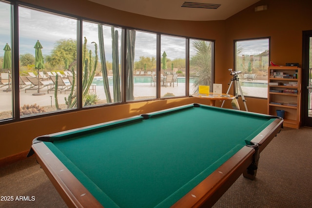 7413 E Russet Sky Dr, Scottsdale, AZ 85266 - rec room with carpet floors, billiards table, and lofted ceiling