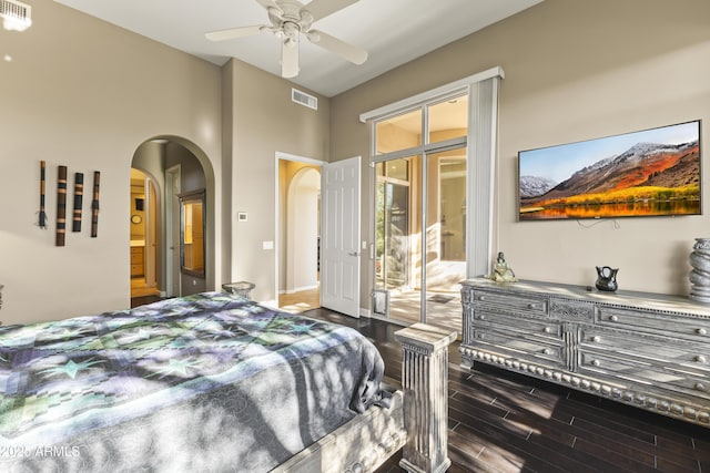 bedroom featuring dark hardwood / wood-style floors and ceiling fan