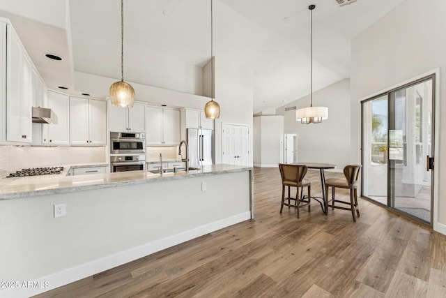 11008 N 119th Pl, Scottsdale, AZ 85259 - kitchen with stainless steel appliances, range hood, tasteful backsplash, wood finished floors, and pendant lighting