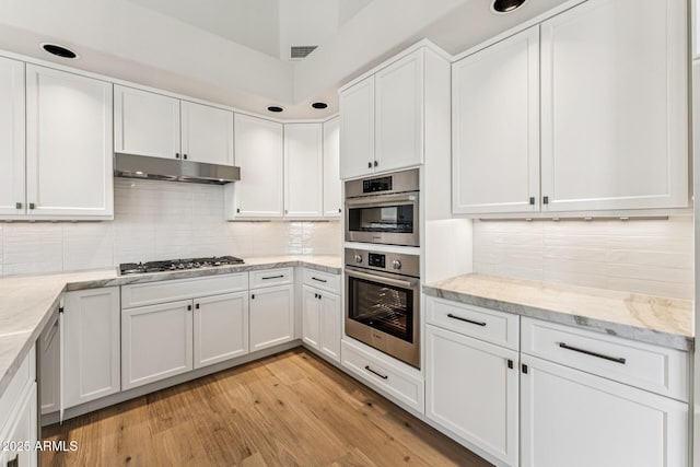 11008 N 119th Pl, Scottsdale, AZ 85259 - kitchen with stainless steel appliances, under cabinet range hood, white cabinetry, backsplash, and light wood-type flooring