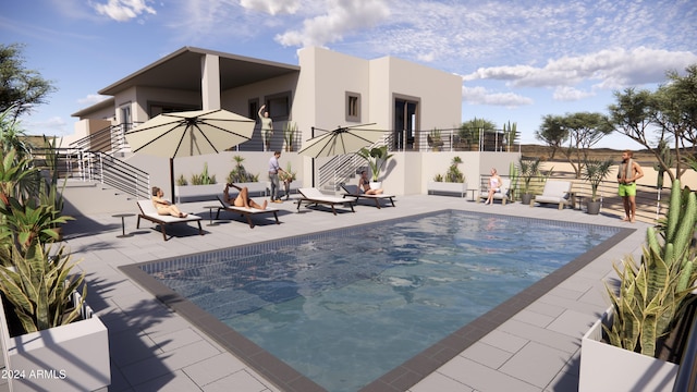 view of pool with stairway, a patio, and fence